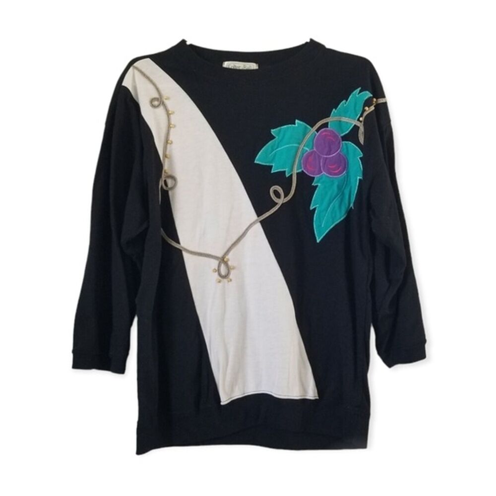 Vintage 80s Colter Bay Black Abstract Grape Blouse size Large